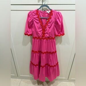 entro Star of the Show Pink Midi Dress with Red Ric Rac Trim